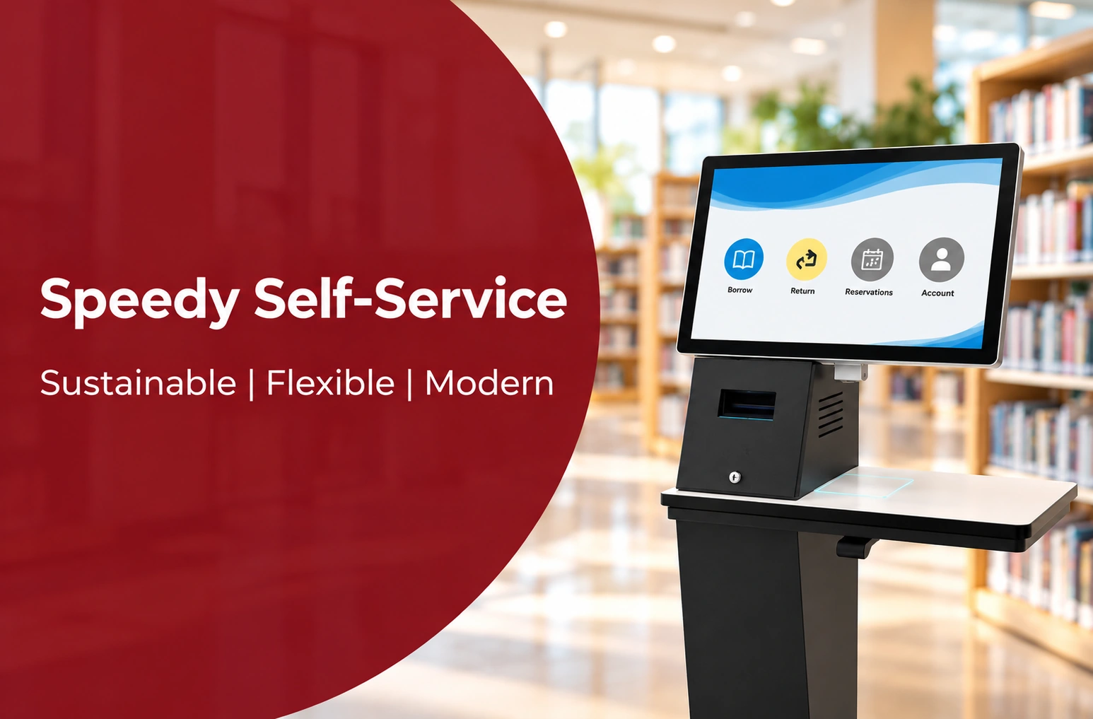 Library self-service kiosk for borrowing, returns, and reservations