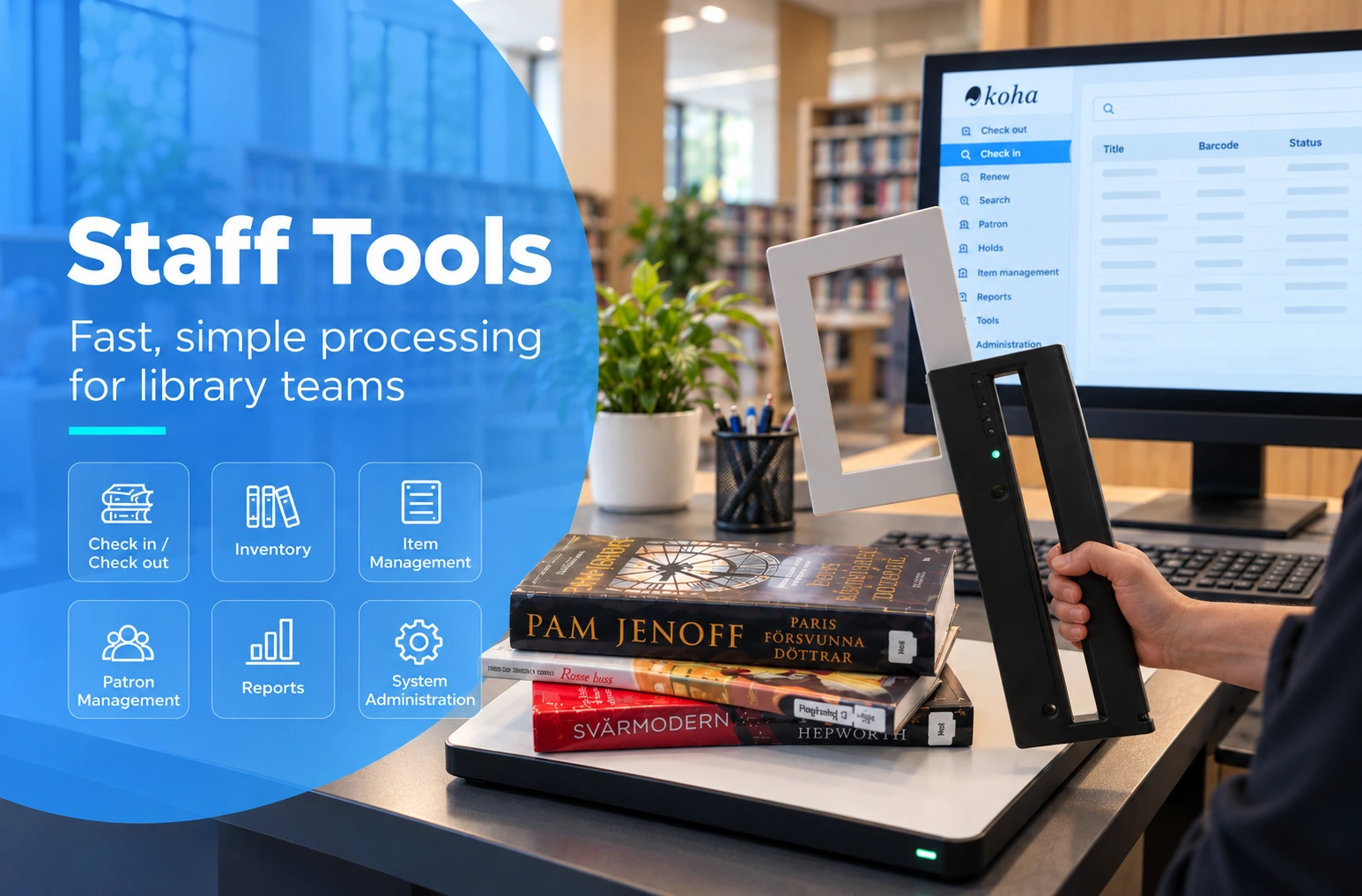 Library staff workstation for handling books and RFID tasks